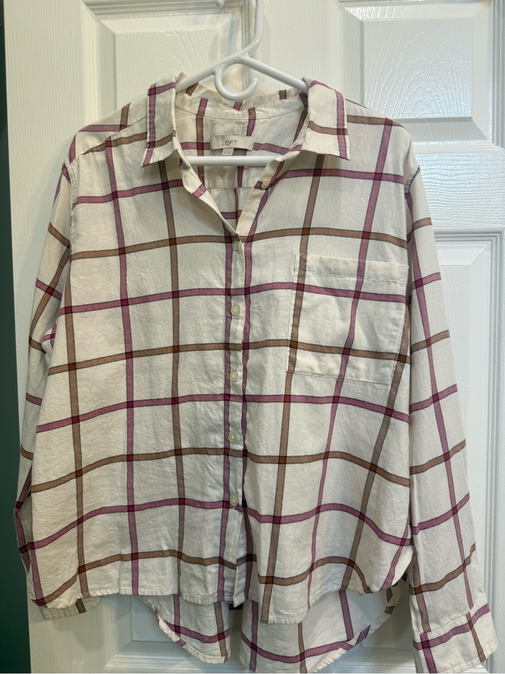 LOFT oversized White Plaid Button-Down Shirt with Pink and Brown Check